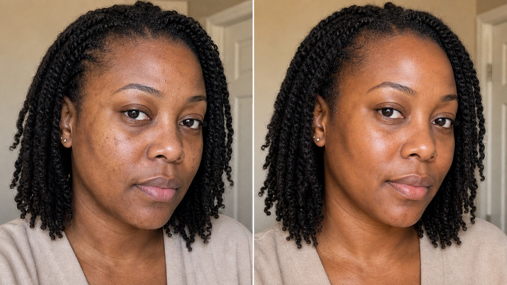 Before and after skincare progress for a hydrated full glow routine