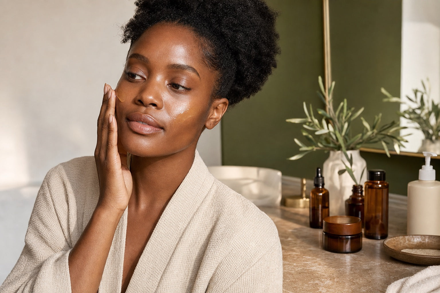 Black woman applying skincare as part of a glowing Skin Essence routine